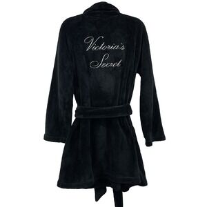 Victoria's Secret Size M / L Black Plush Robe Long Sleeve Short Spell Out Belted